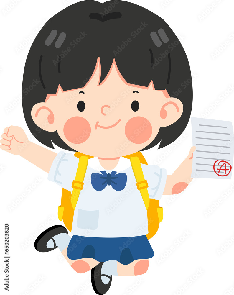 Kid girl student jump and feel happy because get good grade from exam Kid girl student jump and feel happy because get good grade from exam