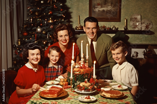 Family having a Christmas dinner, vintage style 50s. Generative Ai 