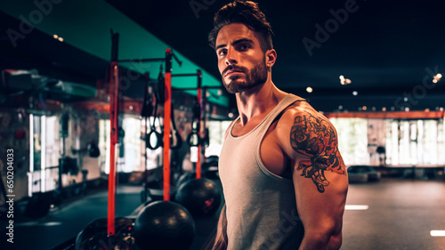 Gym Inked Inspiration, A cinematic angle view of a guy at the gym, showcasing his arm tattoo,  - Generative AI