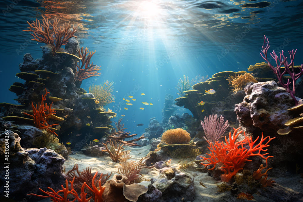 Obraz premium Corals, reef, rocks, fish, nature and world ocean, illustration. Generative AI. View underwater to surface ocean, sunbeam penetrate through the top layer of the ocean, image