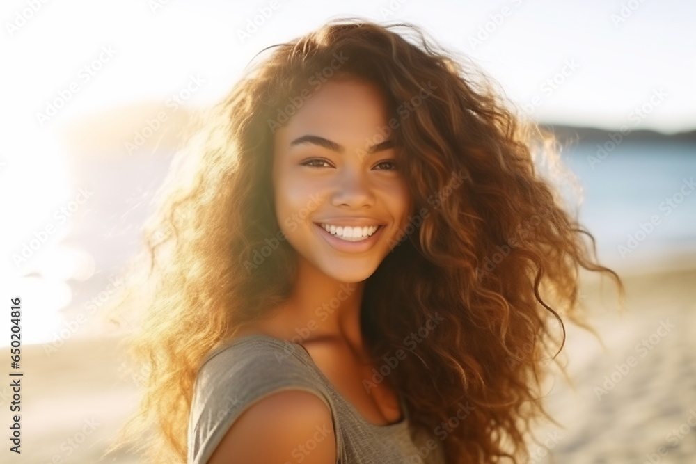 Smiling young brunette woman on the beach