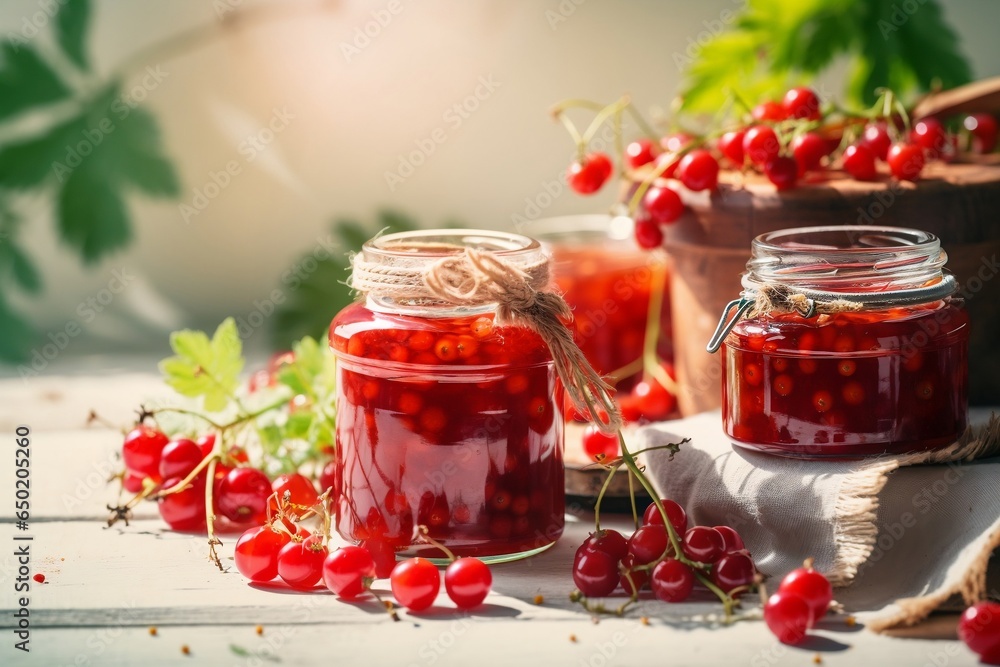 Currant jam with fresh red currants on light sunny background. Seasonal harvest. Generative ai. Currant jam with fresh red currants on light sunny background. Seasonal harvest. Generative ai.