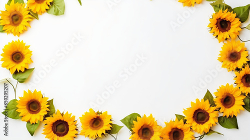 Wreath frame of sunflowers on white background.