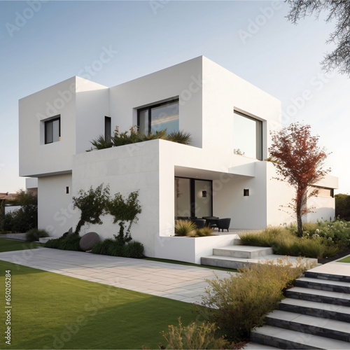 Modern white ranch style minimalist cubic luxury house with terrace and landscaping design Interesting architecture exterior © Vahram