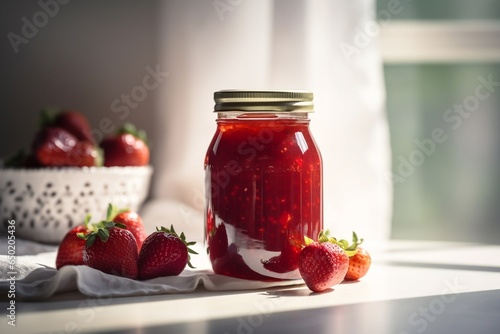 Strawberry jam in jar and fresh fruits around. Light sunny background with copy space. Generative AI.