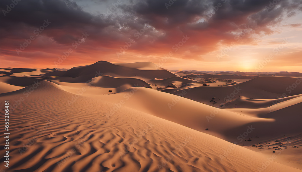 Fiery desert sunset over rolling sand dunes Fiery desert sunset over rolling sand dunes