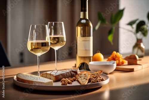 Tasting cheese dish on a plate. Food for wine and romantic date, cheese delicatessen with copy space. White wine