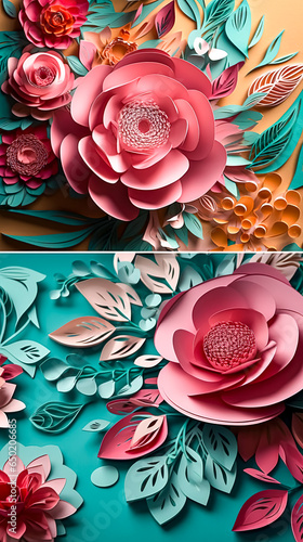 Paper art  colorful flowers with leaves made of paper  generative AI.