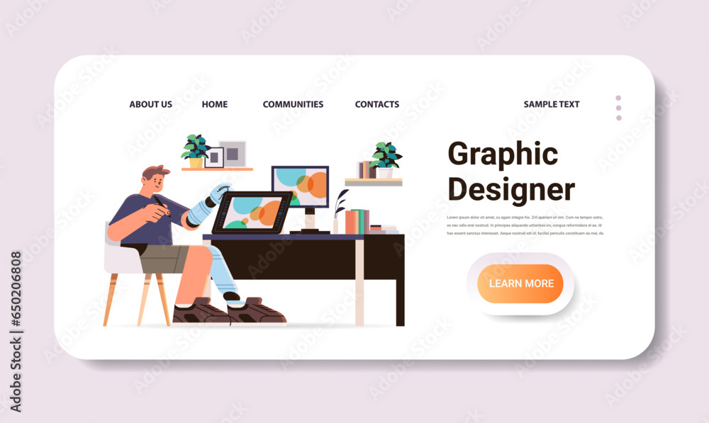 disabled man graphic designer with replaced robotic leg and arm guy working on laptop people with disabilities concept disabled man graphic designer with replaced robotic leg and arm guy working on laptop people with disabilities concept