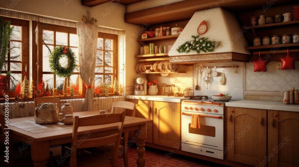 Interior of a cozy room, kitchen in Christmas and New Year style.