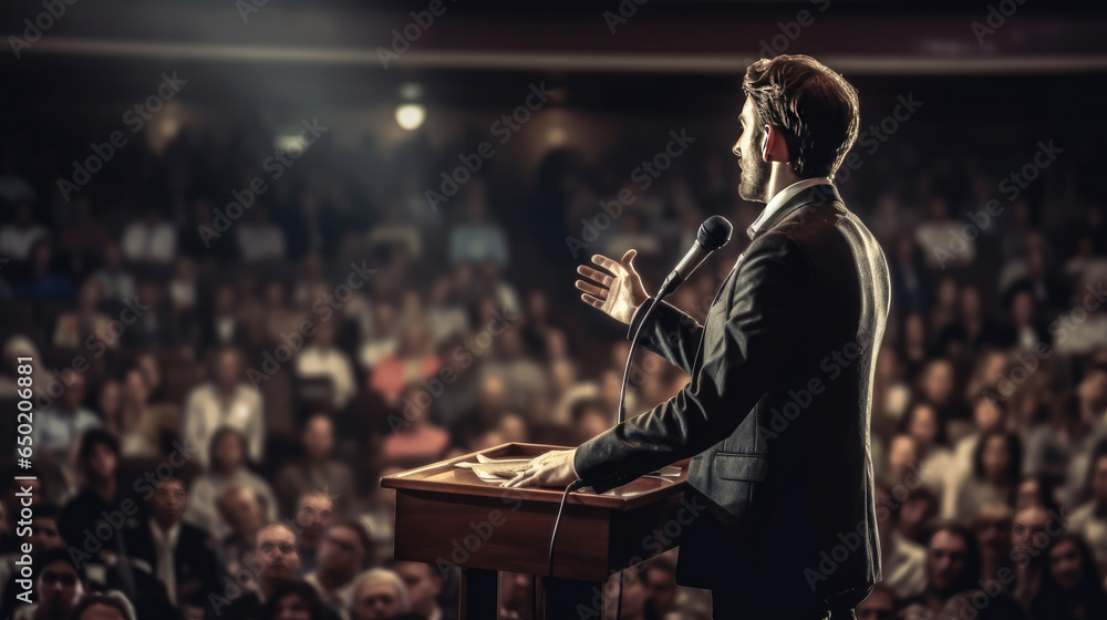 Obraz premium A speaker was giving a speech in front of the large hall stage