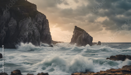 Rugged coastal cliffs with crashing waves and a dramatic seascape
