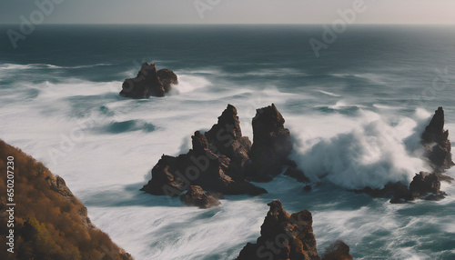 Coastal grandeur with rugged cliffs and waves crashing dramatically