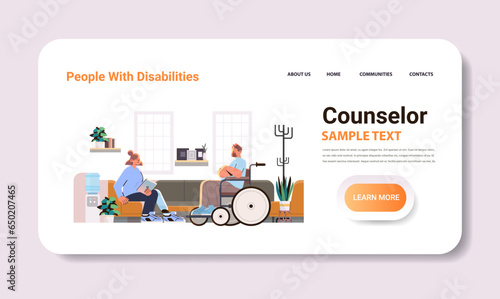 disabled man in wheelchair during therapy with counselor psychotherapist mental health support people with disabilities