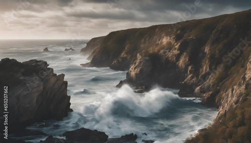 Rugged coastal cliffs, crashing waves, and a stunning seascape