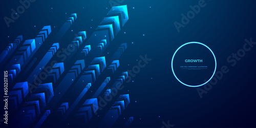 Diagonal stream of growth Up arrows in blue futuristic style on dark technology background with glowing dots or stars. Low poly wireframe high-speed arrows that are flying up. Vector illustration.