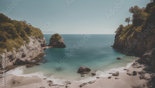 Secluded cove featuring rocky coastal cliffs and a hidden beach