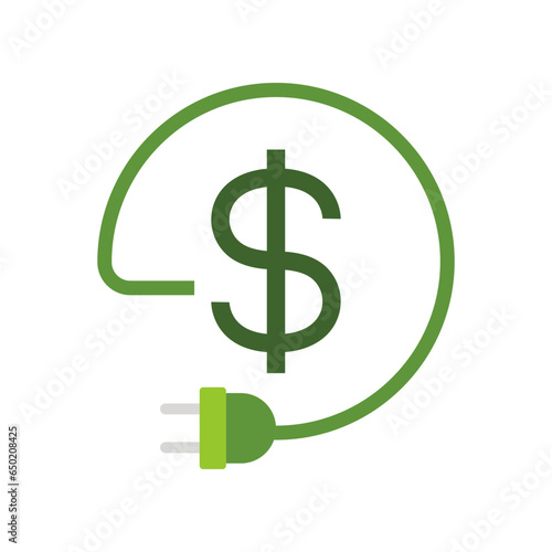 Flat Design Style Eco energy cost save money icon. Energy reduction cost Dollar Power Efficiency. Adapter cable charger  dollar for green economy. vector illustration design