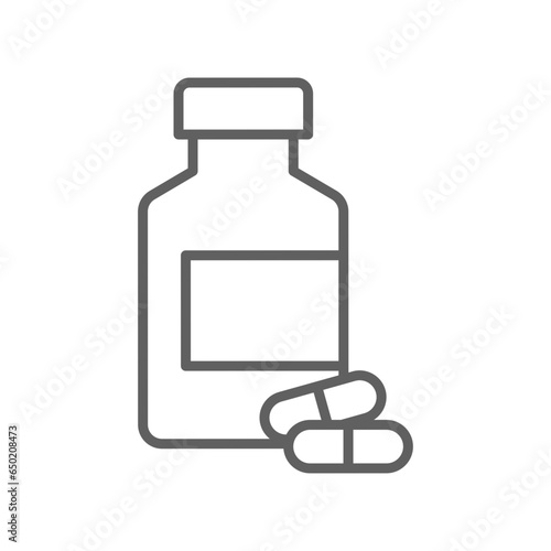 Medicine bottle and two capsules line and solid icon. Pain killer, vitamin pharmacy logo. Multivitamin capsule dose pictogram for healthcare. Vector illustration design