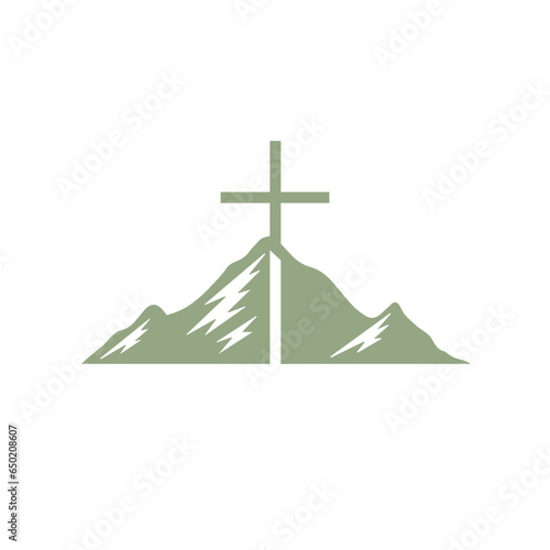 Christian cross on mountain icon. Church logo mark. Religious symbol. Vector illustration.