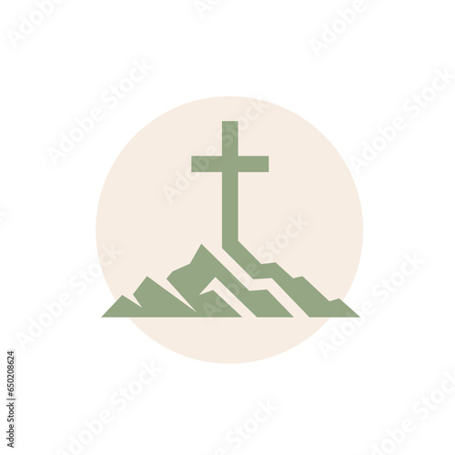 Christian cross on mountain icon. Church logo mark. Religious symbol. Vector illustration.