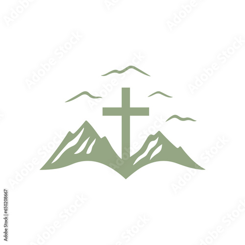 Christian cross on mountain icon. Church logo mark. Religious symbol. Vector illustration.