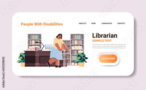 disabled woman librarian standing with walking stick in bookstore or library people with disabilities concept horizontal