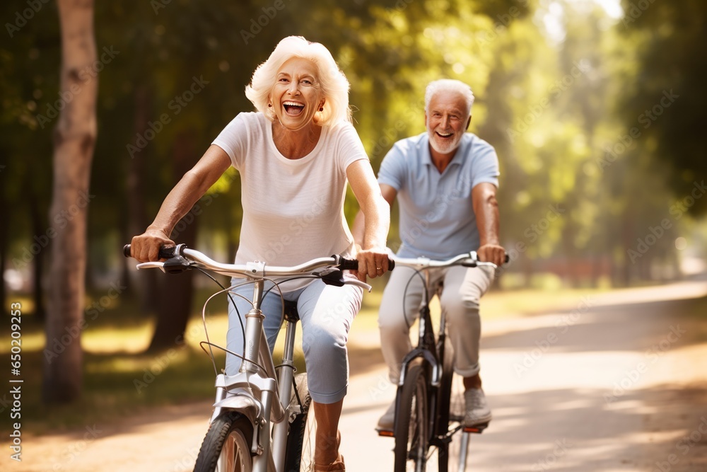 Obraz premium Happy active senior couple ride on a bikes in a summer park. AI generative
