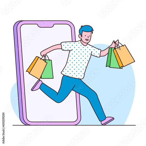Man running for buying from online shop flat illustration