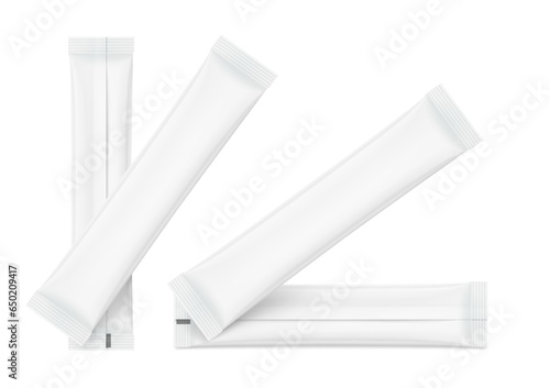 Blank stick package bag mockups crossing set. Front and rear view. Vector illustration isolated on white background. Can be use for food, cosmetic, pharmacy and etc. EPS10.
