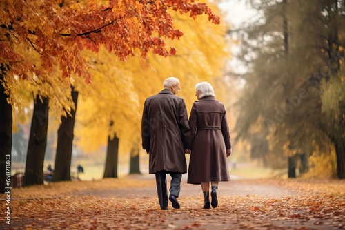 Senior couple walks on autumn park, back view. AI generated
