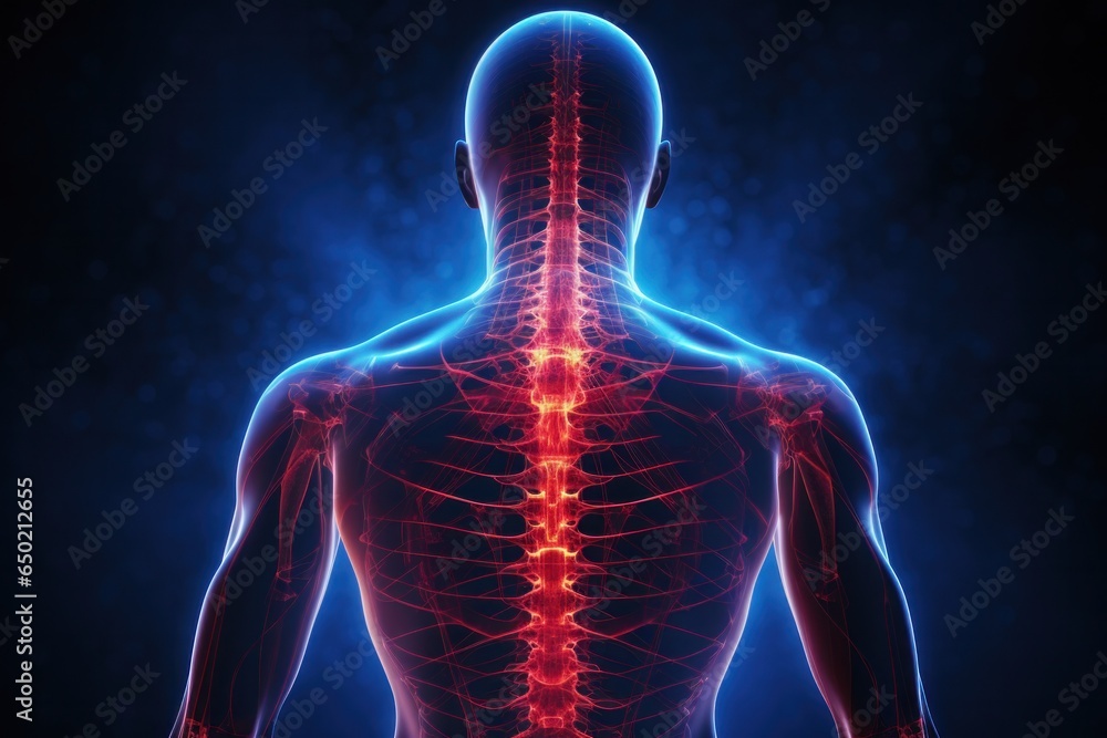 Lower back pain highlighted in blue and red. Person with back pain. Medical concept.