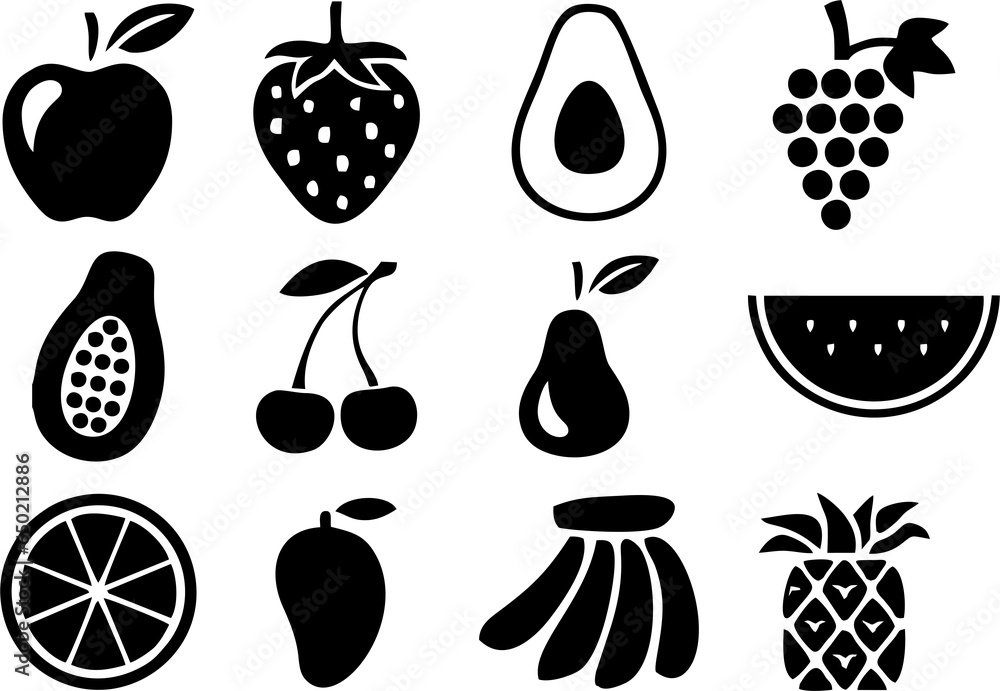 Fruit icons collection in high HD resolution illustration.Apple, banana ...