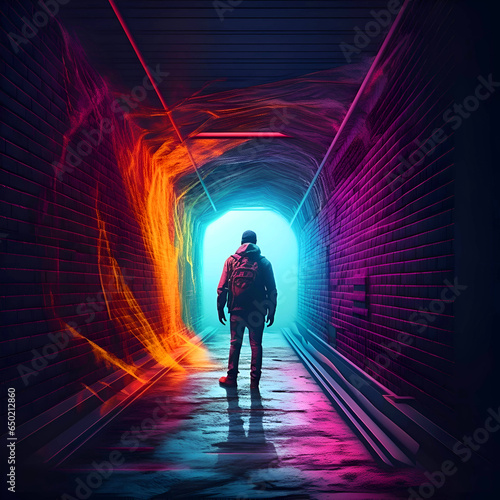 3d illustration of a man walking through a tunnel with glowing lights photo