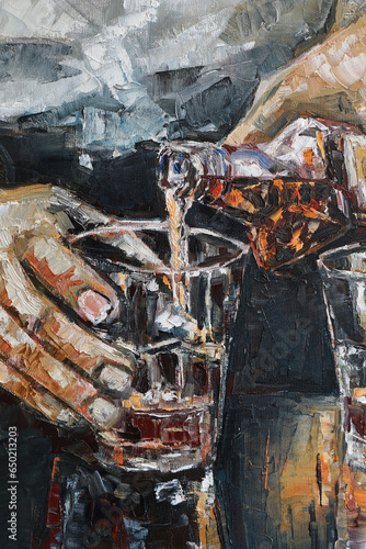 Oil painting of a bartender's hands pouring a drink into a glass
