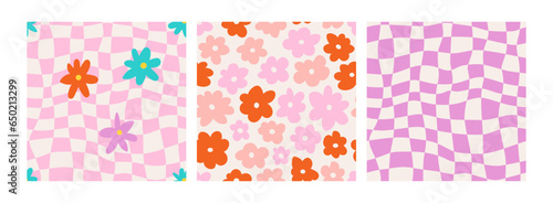 Groovy seamless pattern set. 1970 daisy flowers, trippy grid geometric backgrounds. Set in pink colors. Psychedelic abstract vector Illustration. Seventies style flat design, hippie retro aesthetic. 