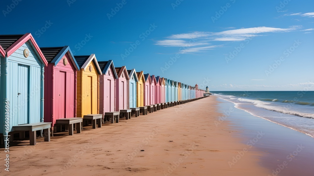 Colorful huts at the beach with blue sky