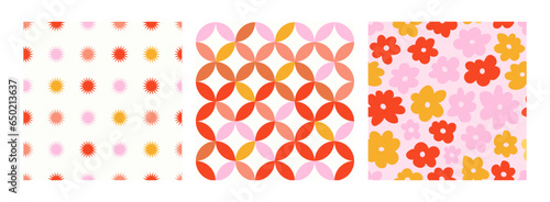 Y2k seamless patterns with daisy, geometric shapes and stars. Set of vector backgrounds in trendy retro trippy 2000s style. Red, pink and yellow colors. Funny cute texture for surface design.