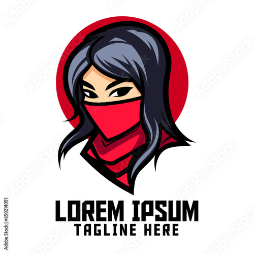 Ninja Girl Mascot Head Logo: A Shadow Warrior Template and Masked Woman Icon Badge Emblem for Sport and Esport