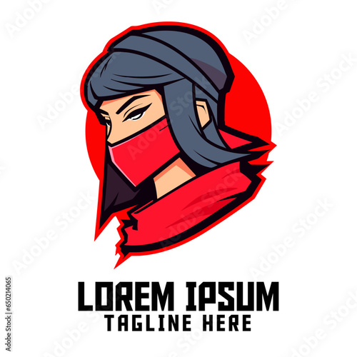Shadow Warrior Template and Masked Woman Icon Badge Emblem for Sport and Esport: Ninja Girl Mascot Head Logo