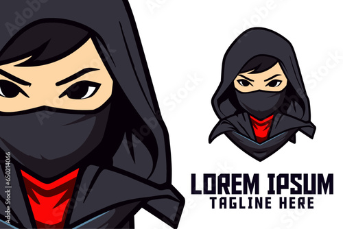 Sport and Esport’s Masked Woman Icon Badge Emblem: A Ninja Girl Mascot Head Logo and Shadow Warrior Template