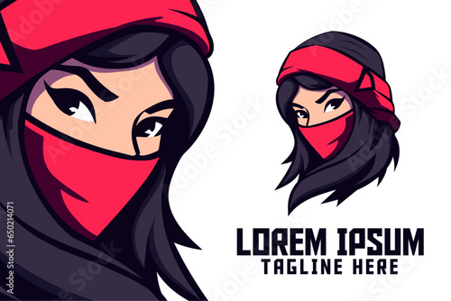 Masked Woman Icon Badge Emblem for Sport and Esport: Ninja Girl Mascot Head Logo and Shadow Warrior Template