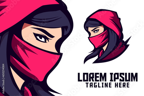 Ninja Girl Mascot Head Logo, Shadow Warrior Template, and Masked Woman Icon Badge Emblem: Essentials for Sport and Esport