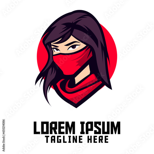 Sport and Esport’s Ninja Girl Mascot Head Logo: A Shadow Warrior Template and Masked Woman Icon Badge Emblem