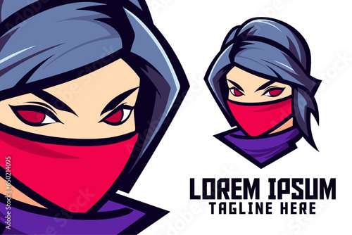 Ninja Girl Mascot Head Logo for Sport and Esport: A Shadow Warrior Template and Masked Woman Icon Badge Emblem