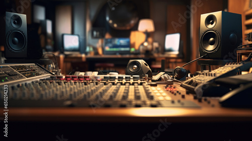 A modern recording studio with music production equipment, a sound mixing console, and a digital control panel converge
