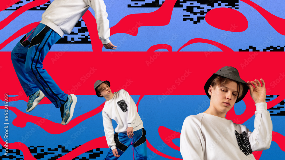 Young guy in sport style casual clothes over colorful abstract background. Contemporary art collage. Concept of y2k style, futurism, creativity and inspiration, youth. Poster, ad