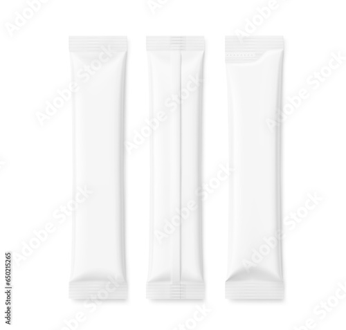 Blank stick package bag mockups. Front and rear view. Vector illustration isolated on white background. Can be use for food, cosmetic, pharmacy and etc. EPS10.