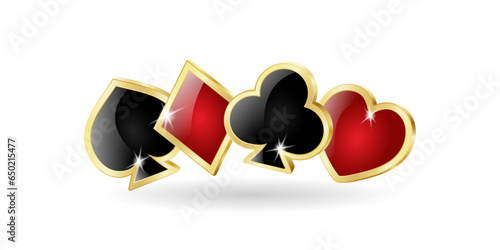 Playing card suits in gold. Isolated. Template for banner. Hearts, Diamonds, Clubs, Spades. Vector illustration