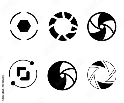 Camera shutter icons set. Camera lens diaphragm. Lens aperture, photo shutter, photo lens, shutter lens, camera shutter and camera lens icon collection, photography symbol, Vector illustration